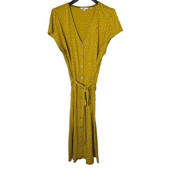 Boden Frances Jersey Midi Dress Yellow Polka Dot Tie Waist Button Front Size 16R - Picture 2 of 11